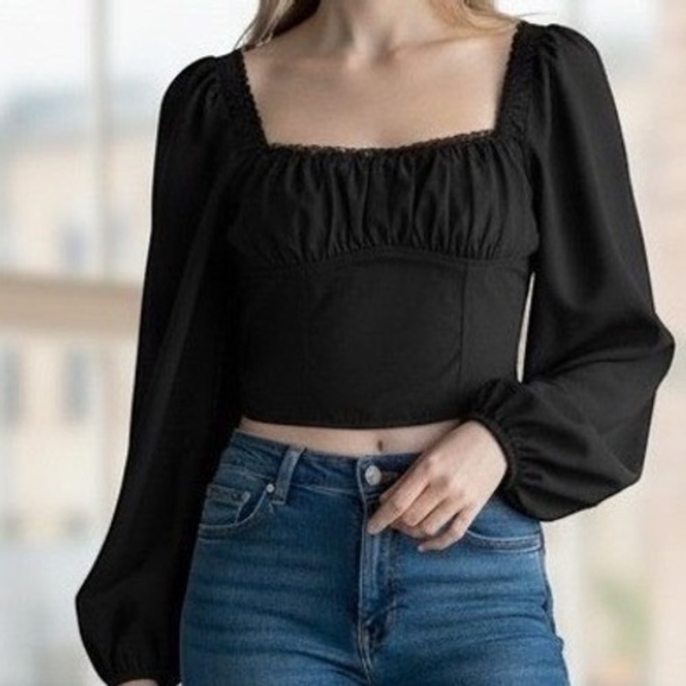 LA Hearts Crop Top Women XS Black Puff Sleeve Smocked Back Whimsigoth Witchy